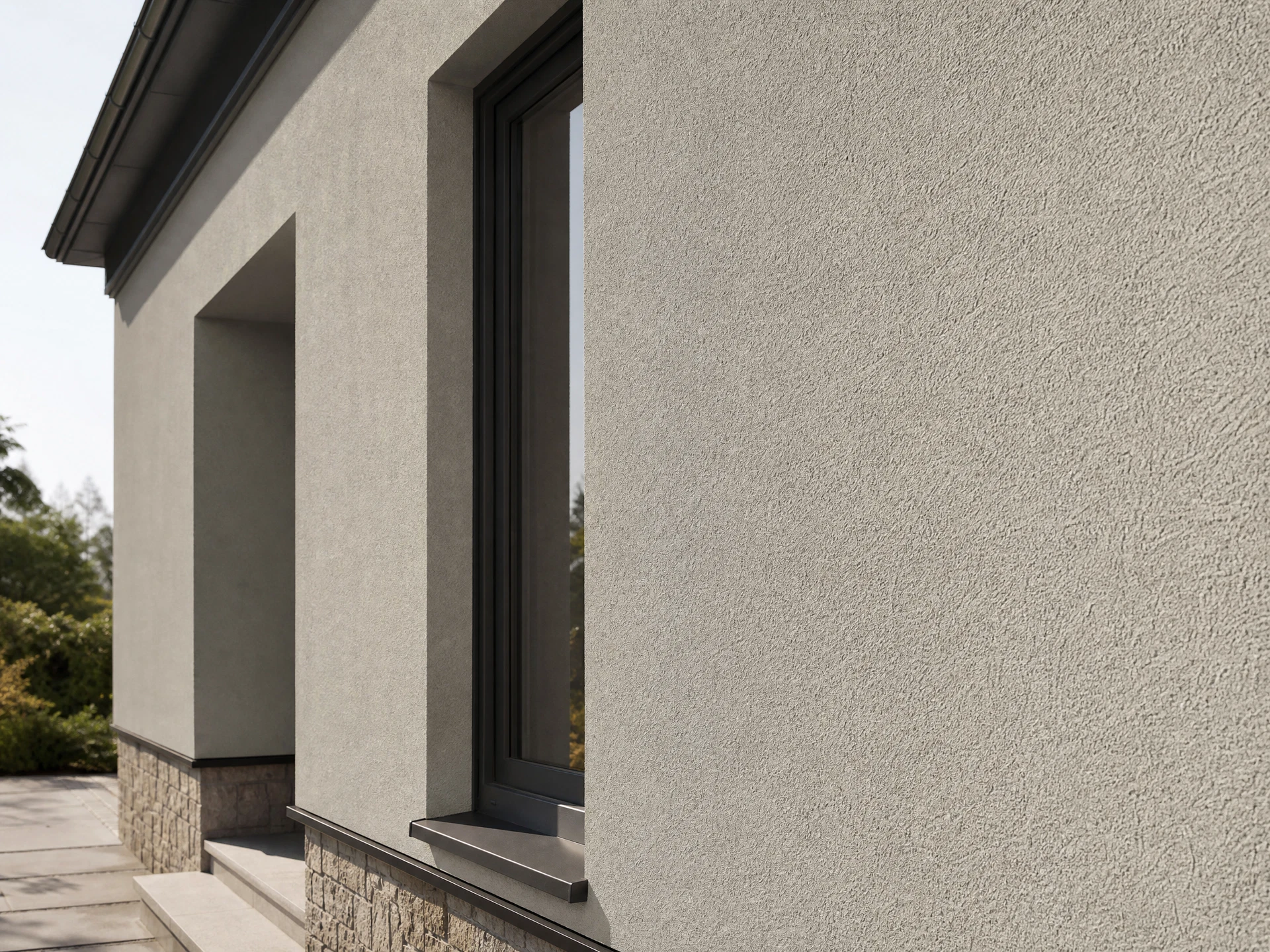 Détail d’une façade en crépi gratté à la texture minérale