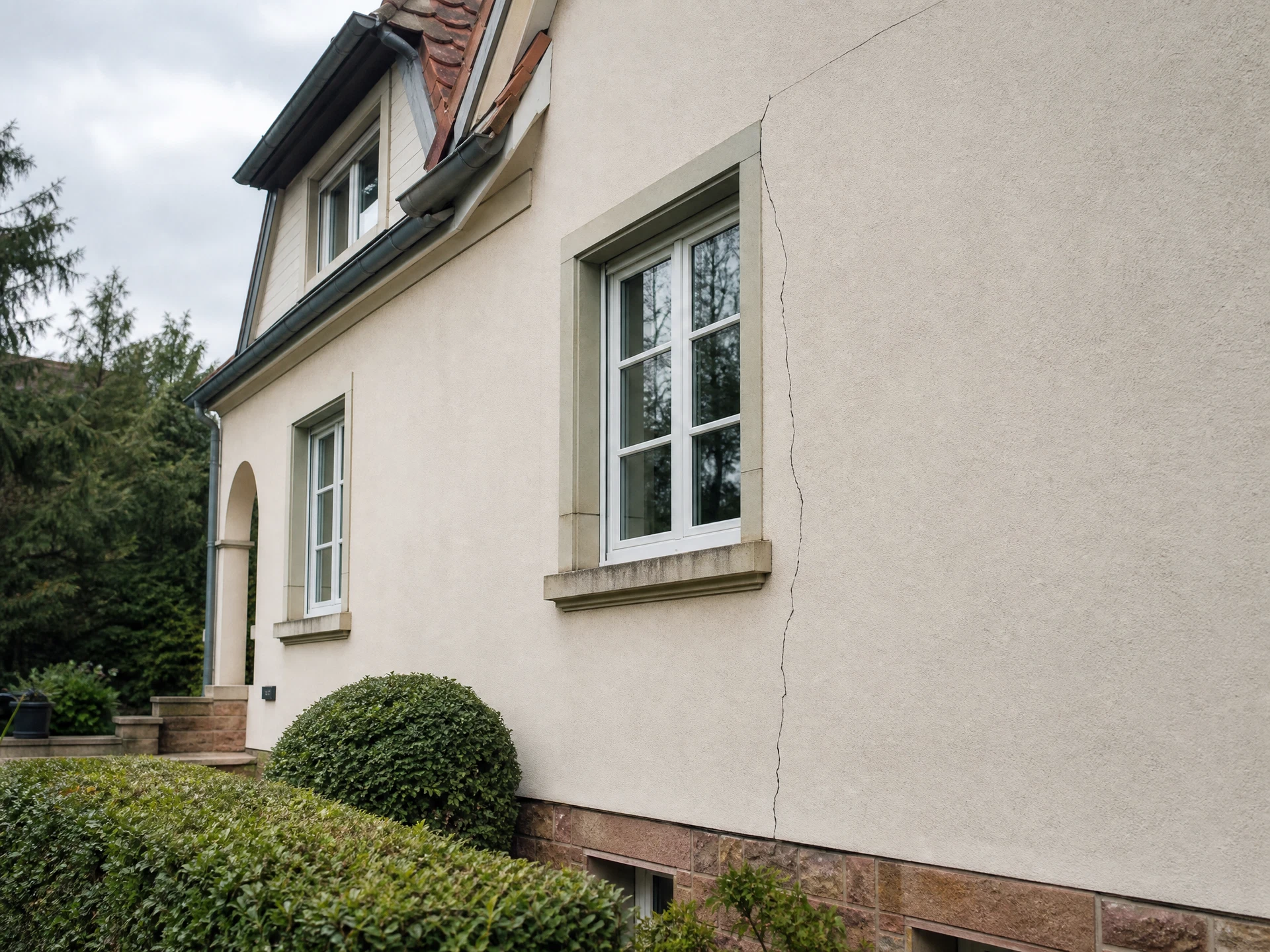 Maison Luxembourg-Alsace avec fissure visible sur façade enduite