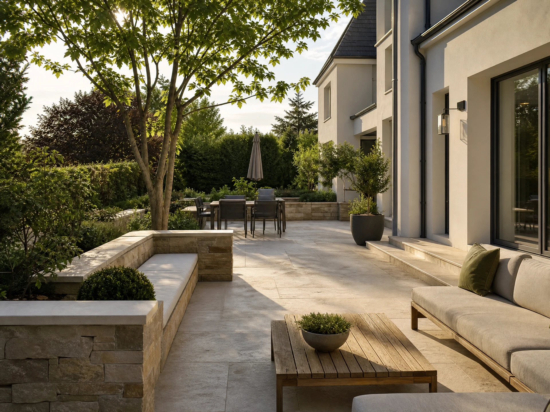 Terrasse extérieure en pierre naturelle et façade enduite